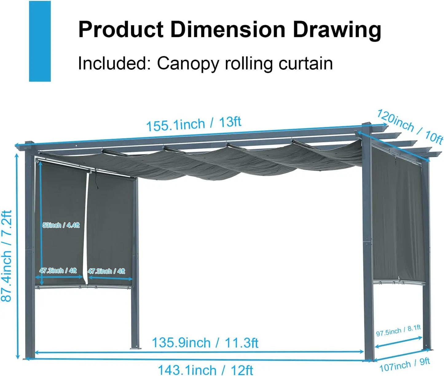 10 x 13 ft Outdoor Pergola with Retractable Shade Canopy, Matte Aluminum Frame,