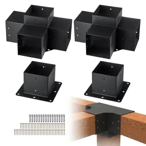 Pergola Bracket Kit 6''x6'', 4pcs 4-Way Heavy Duty Corner Bracket Woodworks DIY Post Base Kit, Easy Installation Wooden Beams
