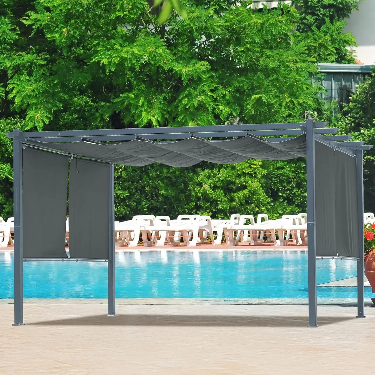 10 x 13 ft Outdoor Pergola with Retractable Shade Canopy, Matte Aluminum Frame,